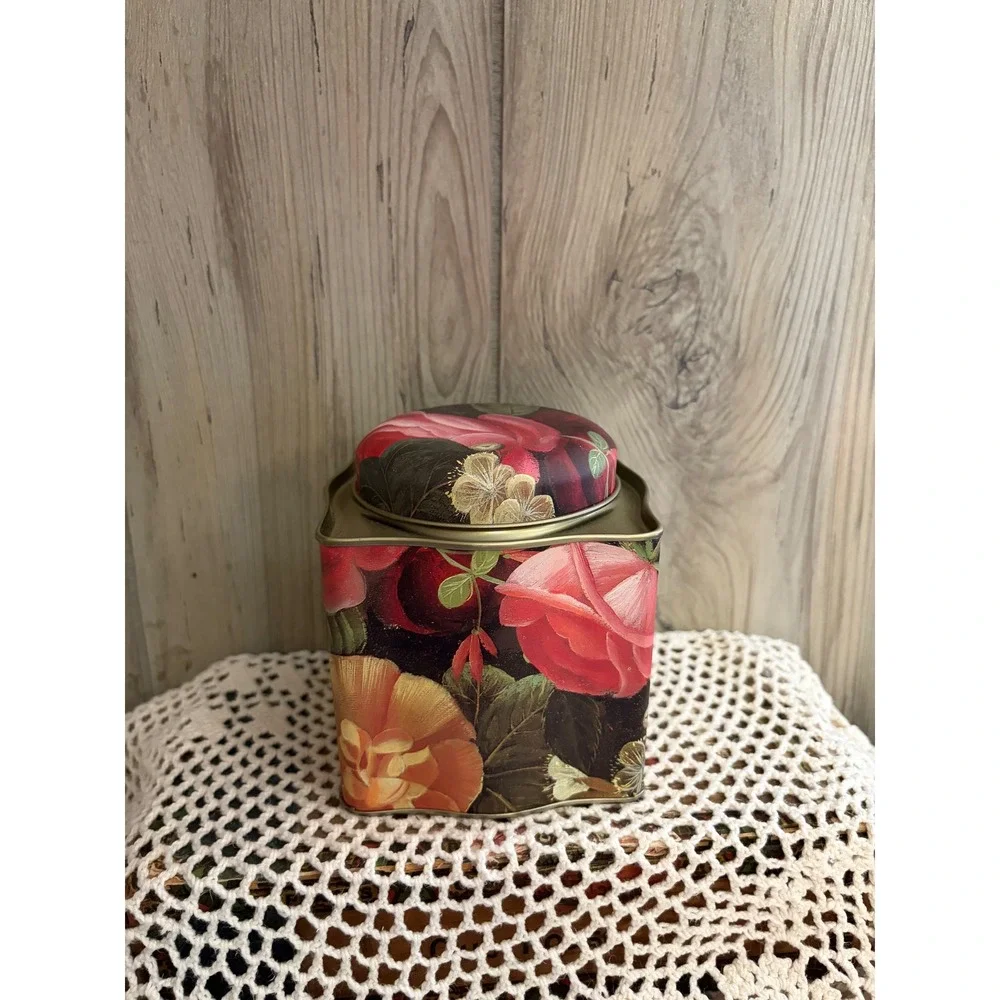 Vintage Style Floral Metal Tea Tin Canister Rose Botanical Print Storage Box
